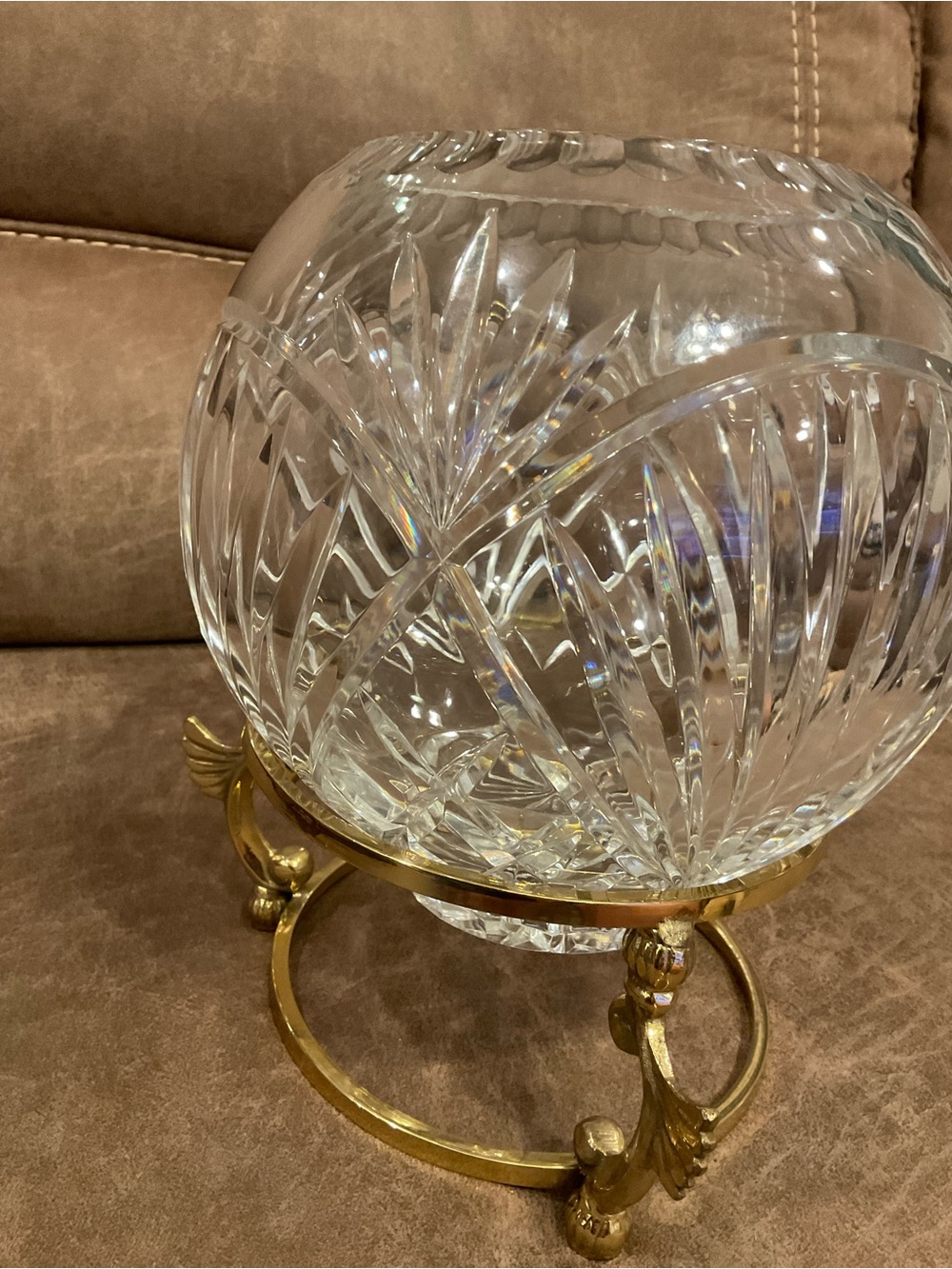 Crystal Globe Bowl with Brass Winged Stand - Picture 2 of 11